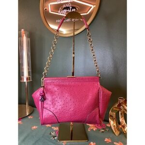 Vintage Hot Pink Ostrich Embossed Frame Clutch Shoulder Bag Chain Strap